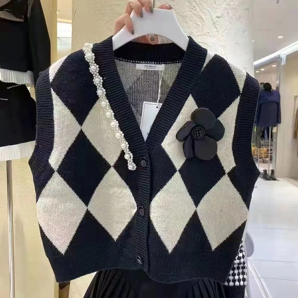 

Винтажные свободные свитера, Женский вязаный жилет в клетку с узором ромбиками, жилет с V-образным вырезом, кардиган на осень и зиму, новая модель