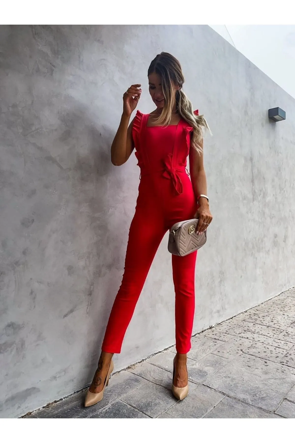 

Women's Overalls Square Collar Frilly Belted Flexible Crepe Fabric Evening Dress Jumpsuit Hot Casual Fashion Jumpsuit