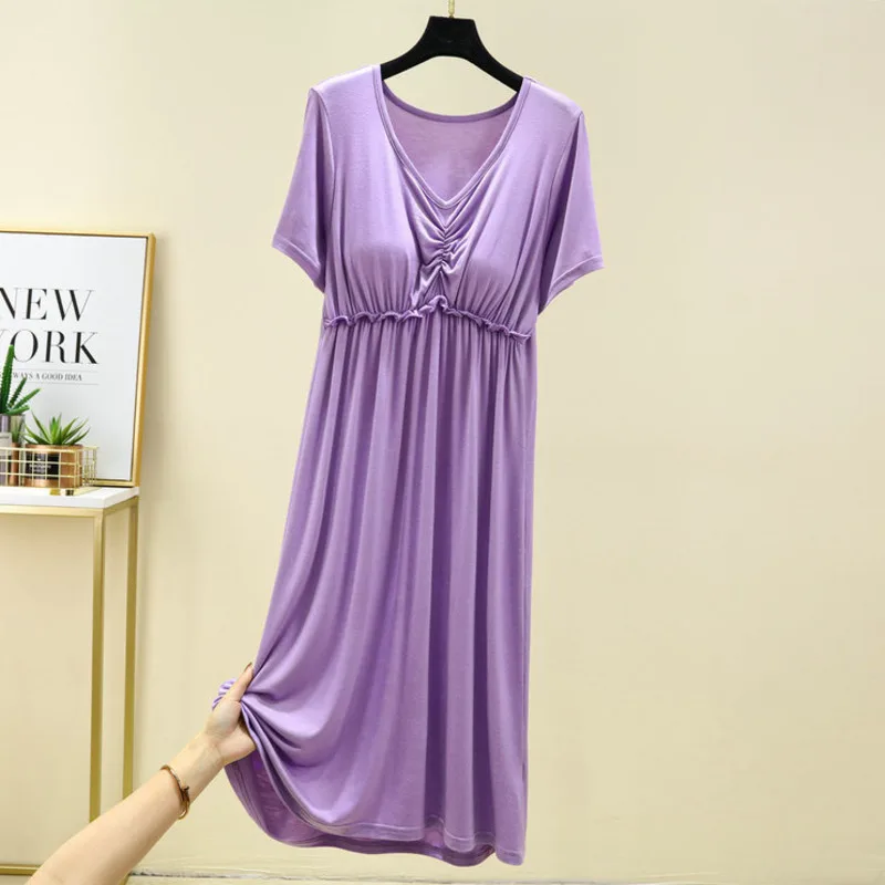 

Modal Nightdress Women Short Sleeve V-Neck with Chest Pad Nightgown Night Dress Summer Solid Home Clothes Gown Nightwear Pajamas