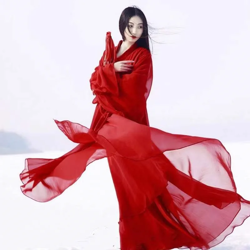 

Xfhh Oriental Traditional Chinese Hanfu Dress for Women Solid Red Plus Size Chiffon Folk Dance Costumes Female Vintage Tang Suit