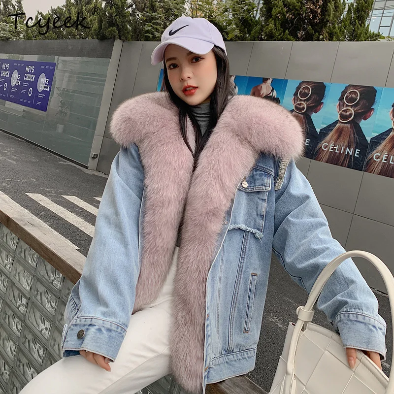 

Denim Jacket Women's 2023 Winter New Korean Short Casual Fox Fur Collar Down Parka Single-Breasted Real Fur Coat Removable Inner
