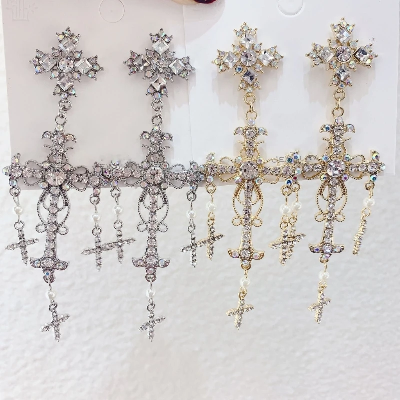 Серьги со стразами ретро-серьги-подвески с кристаллами и жемчугом увеличенные