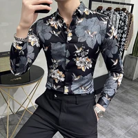 flowers printed shirts mn 2022 autumn long sleeve slim casual shirt social party tuxedo blouse male business formal dress shirts