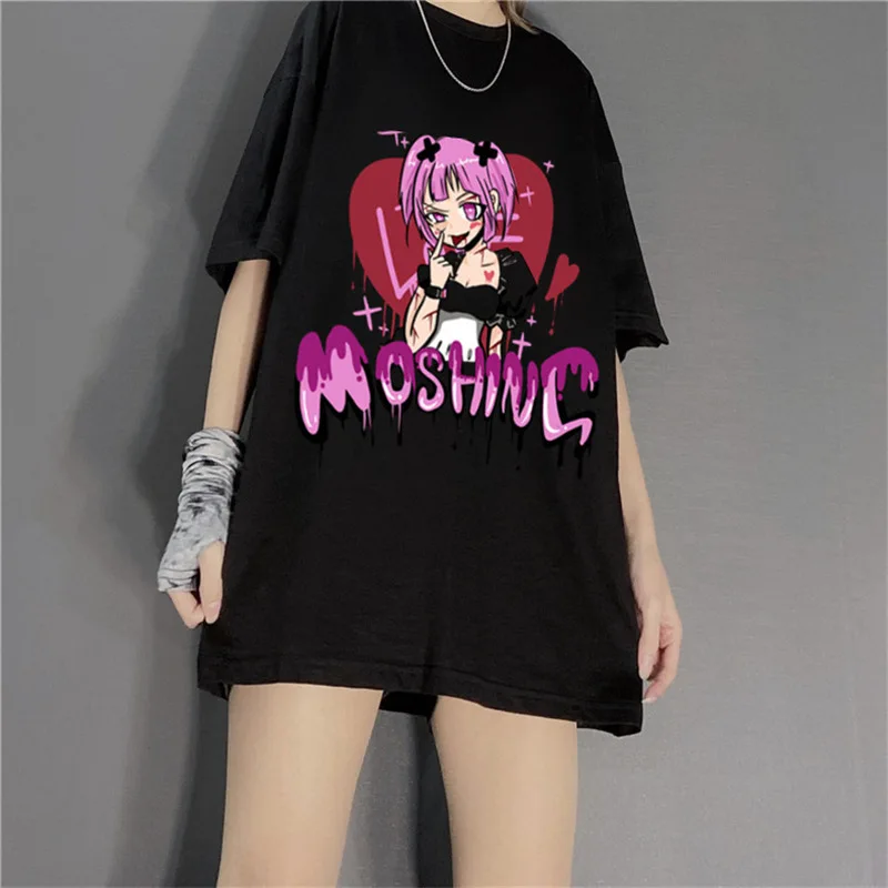 

Футболка унисекс с японским мультяшным принтом, двухмерная анимационная графическая печать, повседневный Свободный Топ с круглым вырезом и коротким рукавом для пар, в стиле Харадзюку