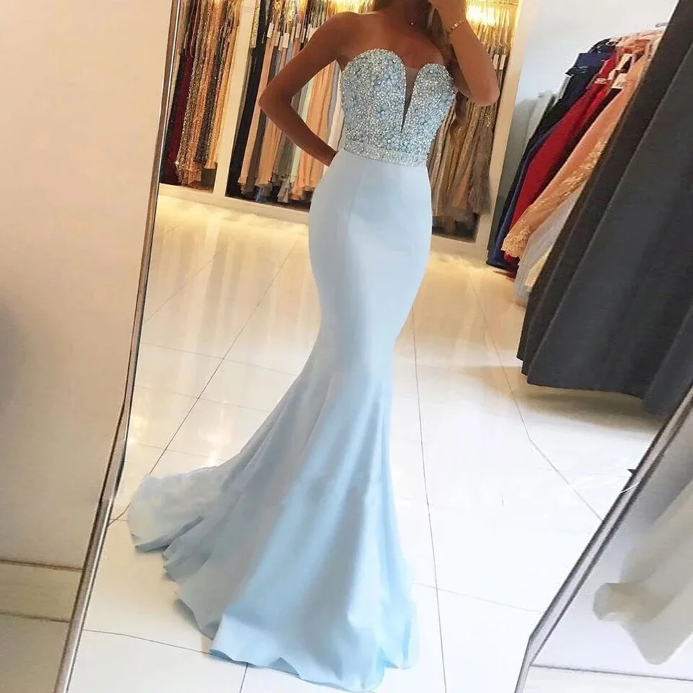 

Blue Strapless Mermaid Formal Evening Dresses Sweetheart Beads Sweep Train Prom Gowns Shiny Flower Vestidos De Festa Longo