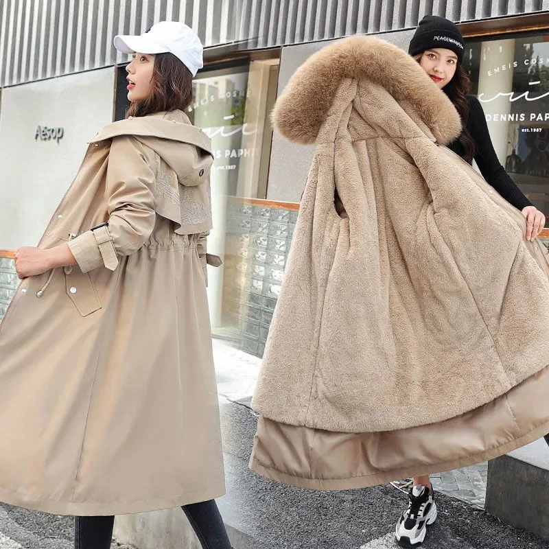 Women's Parkas 2022 New Winter Jacket Fur Lining Long Coat Thick Warm Female Hooded Fleece Padded Parka Distachable Outwear