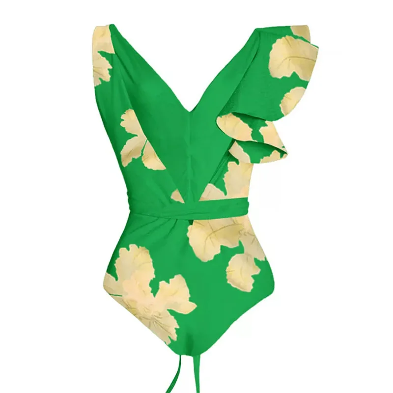 CPUTAN 2023 Female Retro Green Ruffle Swimsuit Asymmetrical Holiday Beach Dress Vintage Skirt Designer Bathing Suit Summer Surf