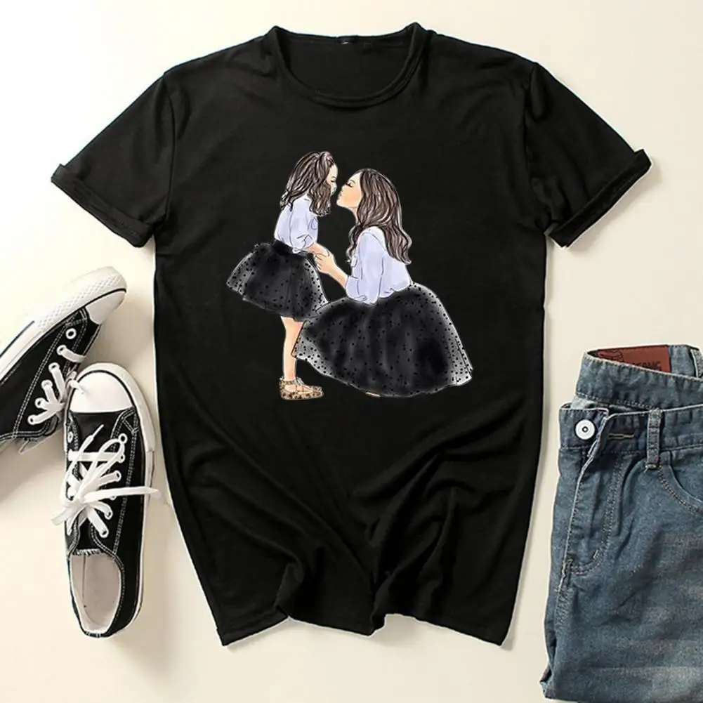 

Pullover T-shirt Charming Mother Children Pattern Summer T-shirt Print O-neck Elastic Tee Shirt