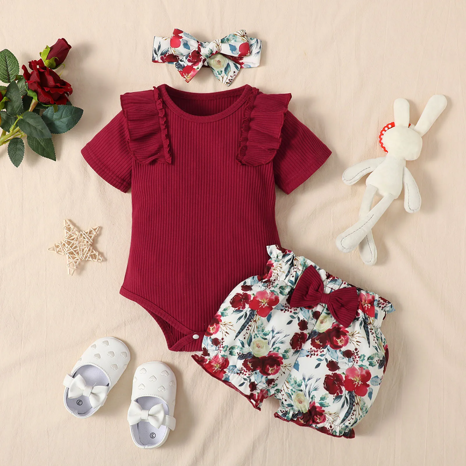 

Teen Girl Fashion Infant Girls Ruffles Short Sleeve Ribbed Romper Bodysuits Bowknot Floral Printed Shorts Cute Outfit Set