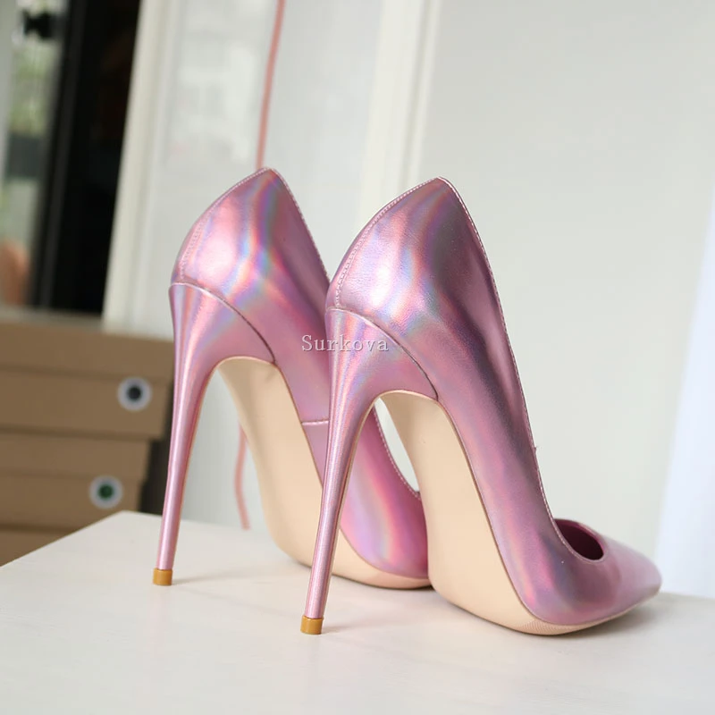 Pink Gradient French Pumps Woman Thin High Heels Shoes Pointed Toe Shallow Stiletto Pumps Slip On Polished Leather Wedding Shoes