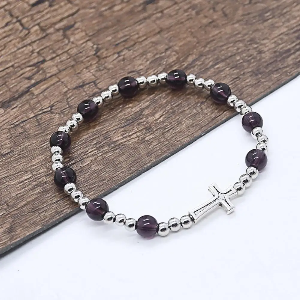 

Women Bracelet Holy Cross Elegant Dainty Elastic Festival Gift Purple Silver Color Beads Rosary Bracelet Fashion Jewelry