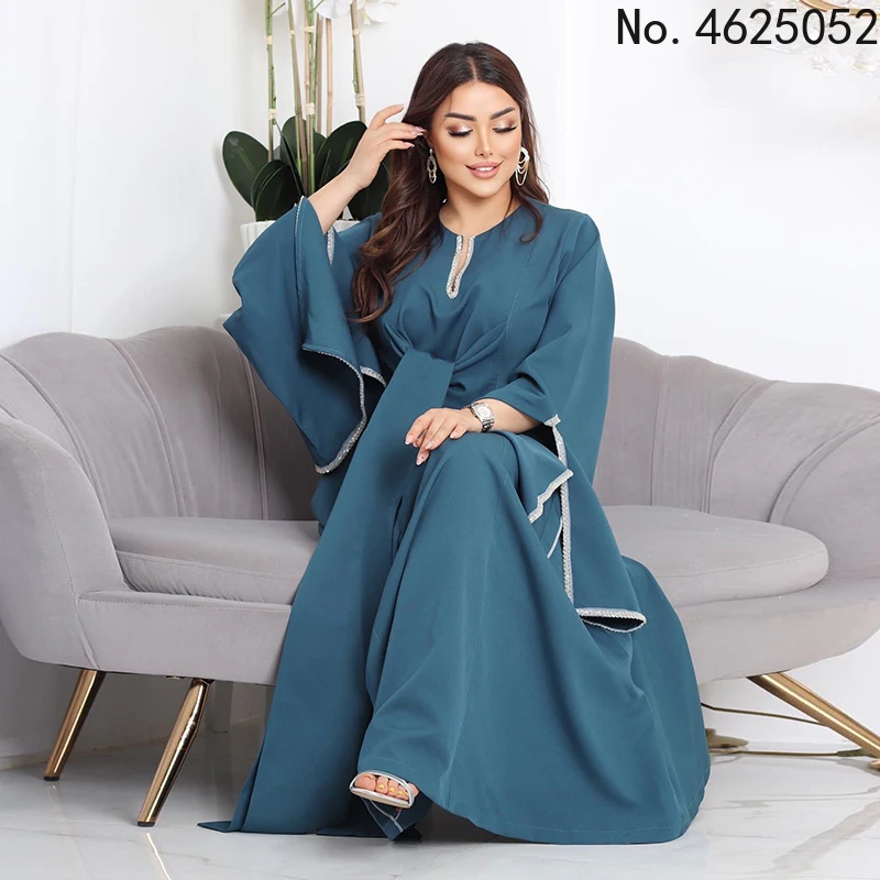 

Lantern Sleeve Blue Abaya Lace 2022 Solid Malaysia Muslim Eid Dress Dubai Caftan Ramadan Kaftan Moroccan dress Arab Dresses