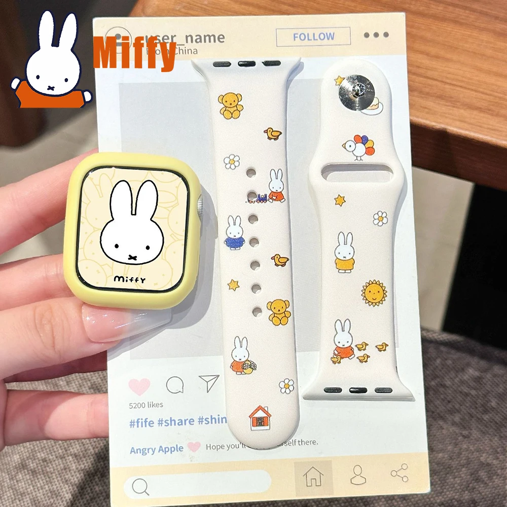 Фото Kawaii Miffy Iwatch S1/2/3/4/5/6/7/8/9/10/SE/Ultra1/2 ремешок для часов с циферблатом, защитный чехол, милый ремешок для часов, силиконовый чехол для девочки, подарок №1