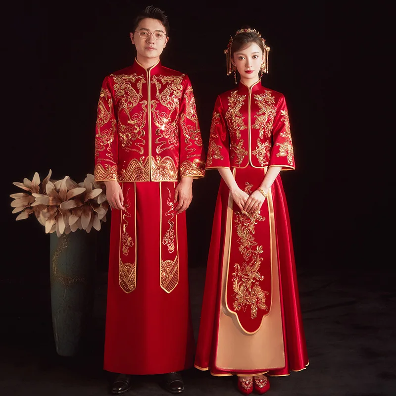 Vintage Chinese Style Marriage Set Embroidery Bride Bridegroom Wedding Dress Cheongsam Costume Oriental Toast Clothing