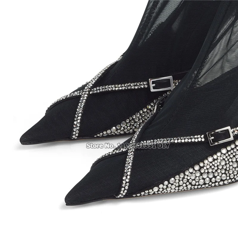 Crystal High Heel Black Mesh Knee High Boots Women Chunky Heeled Pointy Toe Cross Buckle Designer Long Bota Feminina
