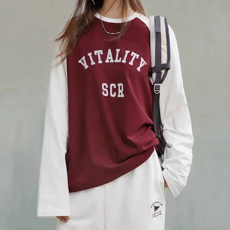 Женская хлопковая футболка с длинным рукавом Maden бордовые Топы контрастных