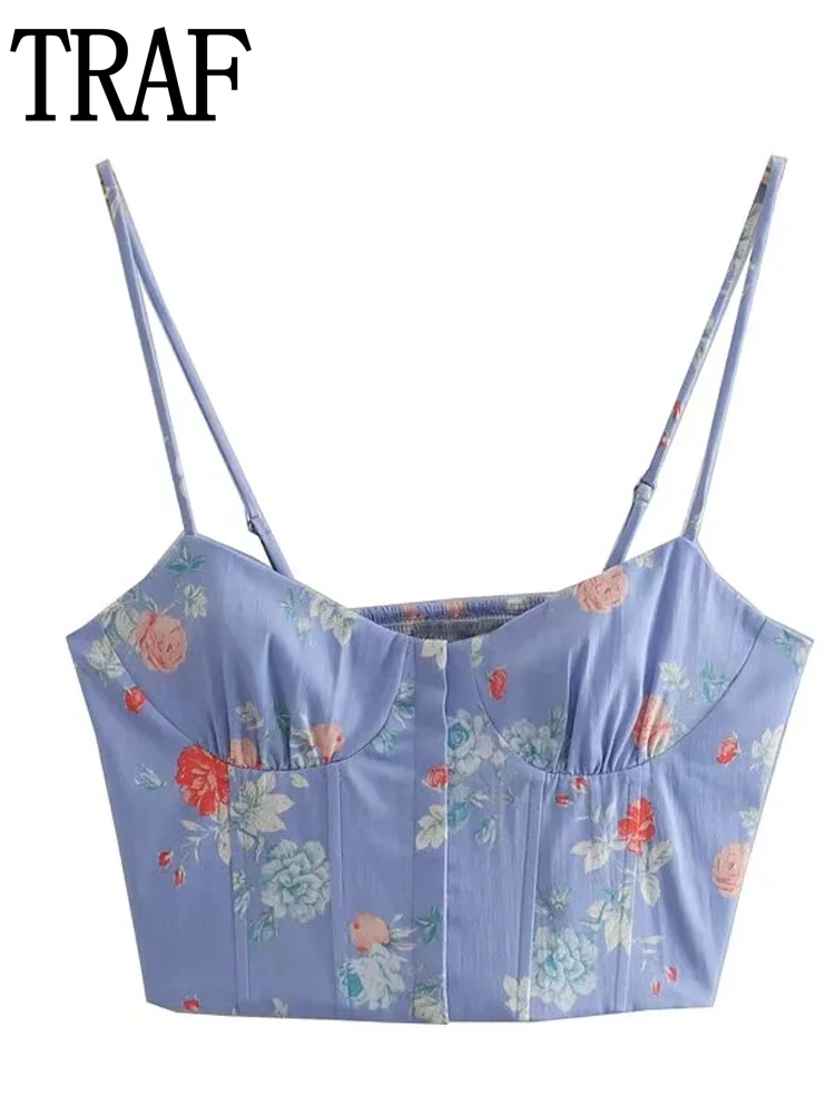 TRAF 2022 Cropped Blue Corset Top Female Sleeveless Camisole Floral Top Woman Vintage Y2k Crop Top Women Ruched Backless Tanks
