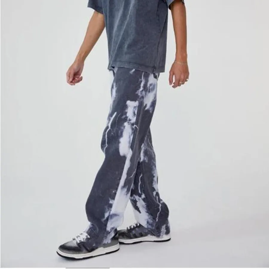 Men Straight Casual Print Jeans Streetwear Hip Hop Loose Baggy Denim Pants Male Blue wide leg Trousers