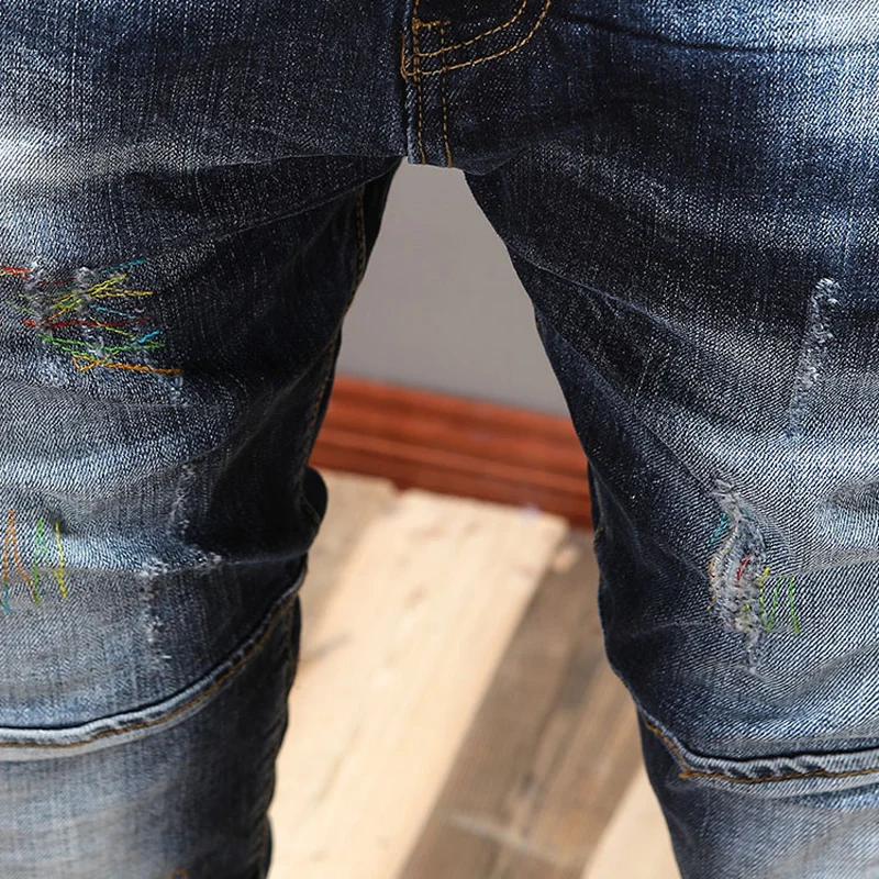 Streetwear Fashion Men Jeans Retro Black Blue Elastic Slim Fit Ripped Jeans Men Spliced Embroidery Designer Hip Hop Pants Hombre