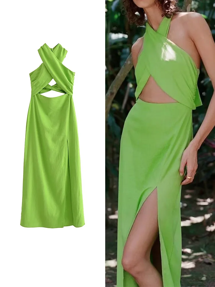 

TRAF Elegant 2023 Women Solid Hollow Out Dress Summer Fashion Halter Backless Side Split Dress Casual Bow Mid-Calf Dress