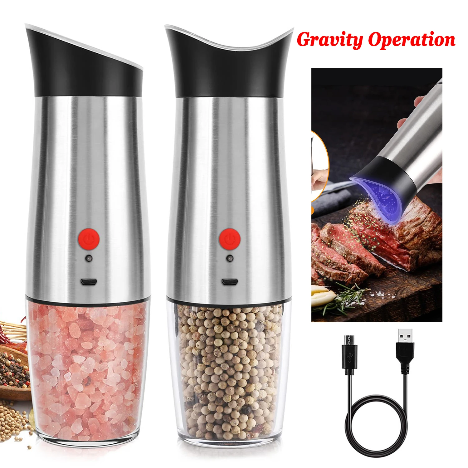 

USB Charging Salt and Pepper Grinder Set Gravity Operation Spice Seasoning Mill Shaker Adjustable Coarseness Stainless Steel