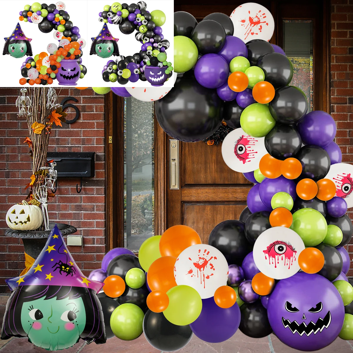 

104/109 Pcs Halloween Party Balloons Decorations Latex Black Green Orange Purple Balloons Reusable Cartoon Halloween Witch Bat