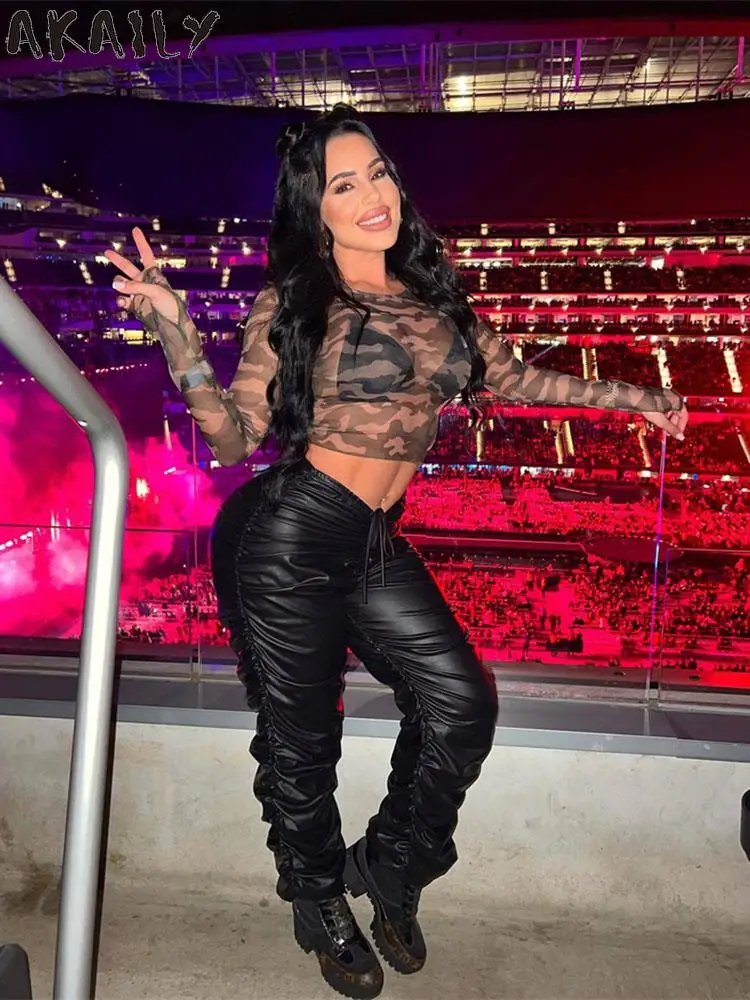 

Akaily Fall Black Faux Leather Pants For Women Streetwear 2022 Low Rise Drawstring Baggy Pants Ladies Pu Casual Long Trousers