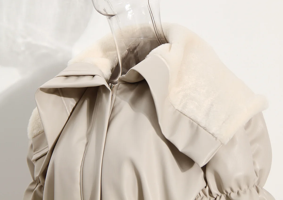 PU Leather Winter Cotton Padded Women Jacket New 2022 Casual Pleat Turndown Collar Thick Warm Plush Faux Leather Jackets Short