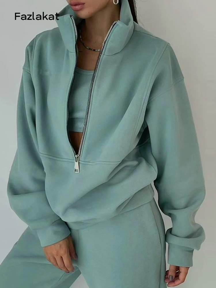 

Women Fleece Two Piece Set Autumn Winter Female Sports Warm Suit Casual Oversized Polo Zipper Sweatshirts And Trouser Tracksuits