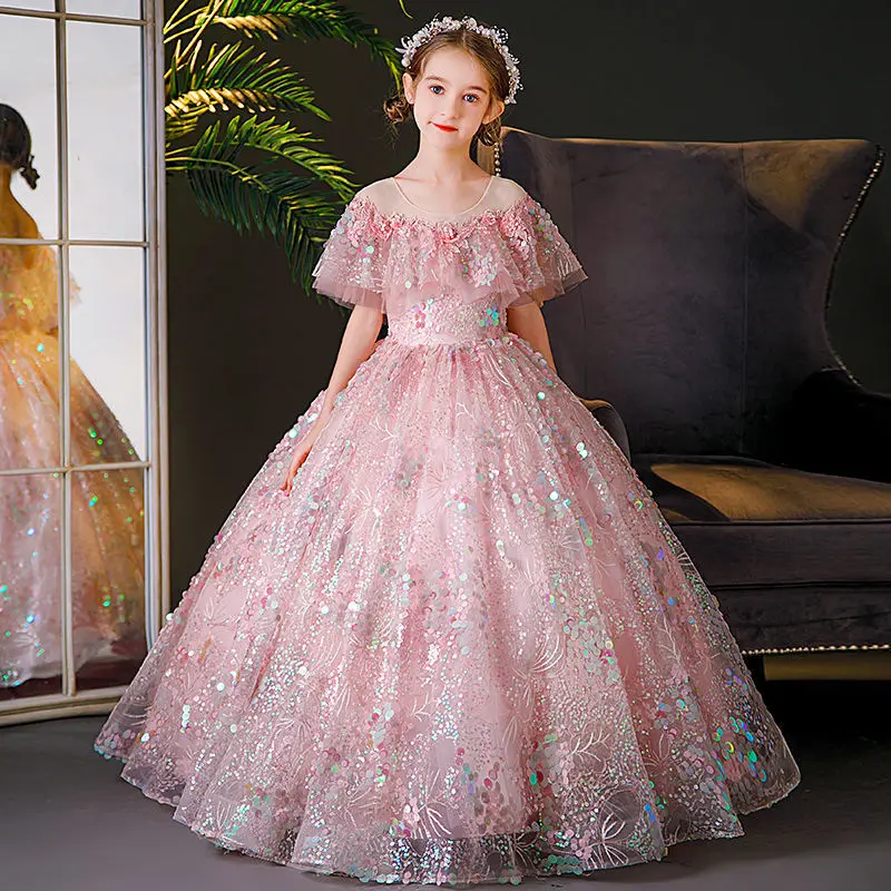 

Baby Girls Puffy Princess Birthday Party First Communion Long Dresses Children Clothing Lace Shoulderless Ball Gown Dress L01