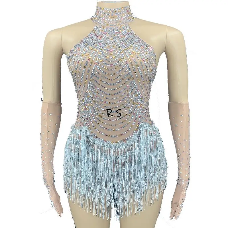 

Women Sparkly Rhinestone Fringe Transparent Tassel Bodysuit Women Leotard Outfit Prom