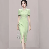womens new summer high end temperament korean version lapel bubble sleeve cross strap short top split bud skirt two piece set