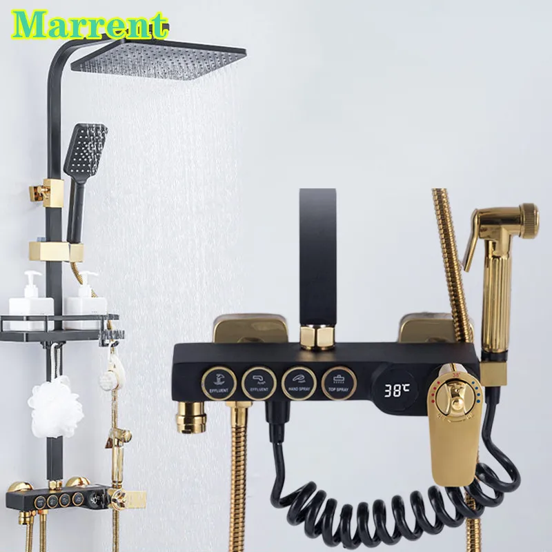 

Rainfall Thermostatic Bathroom Shower Set Quality Brass Bathtub Mixer Faucet Tap Luxury Home LED Display Digital Shower System