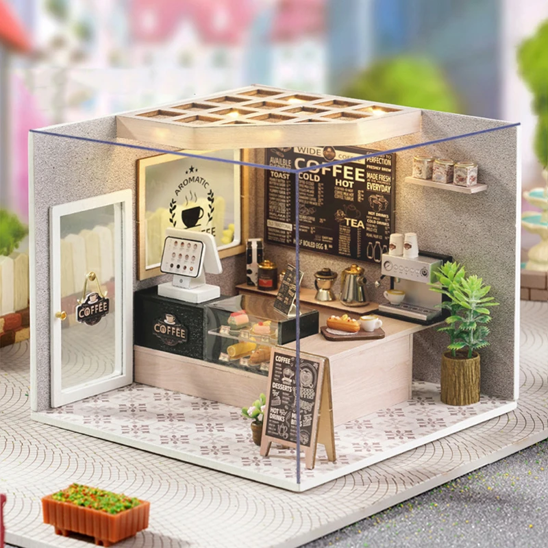 

CUTEBEE DIY Dollhouse Wooden Doll House Coffee Shop With Dust Cover LED Furniture Dust Cover for Children Birthday Gift