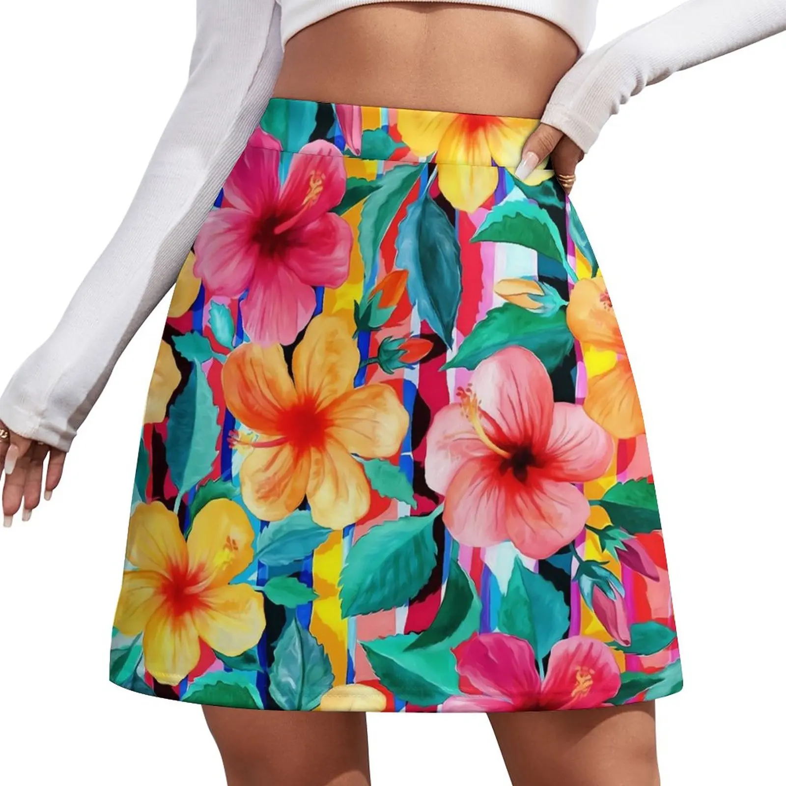 

Floral with Stripes Skirt Hawaiian Hibiscus Vintage Mini Skirts Spring High-waisted Design Korean Fashion Casual Skirt Big Size