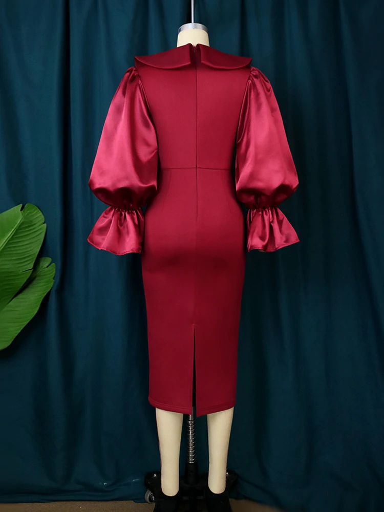 Plus Size Midi Dresses Long Flare Sleeve Sheath Red Office Lady Evening Cocktail Event Occasion Party Outfits for Ladies 4XL