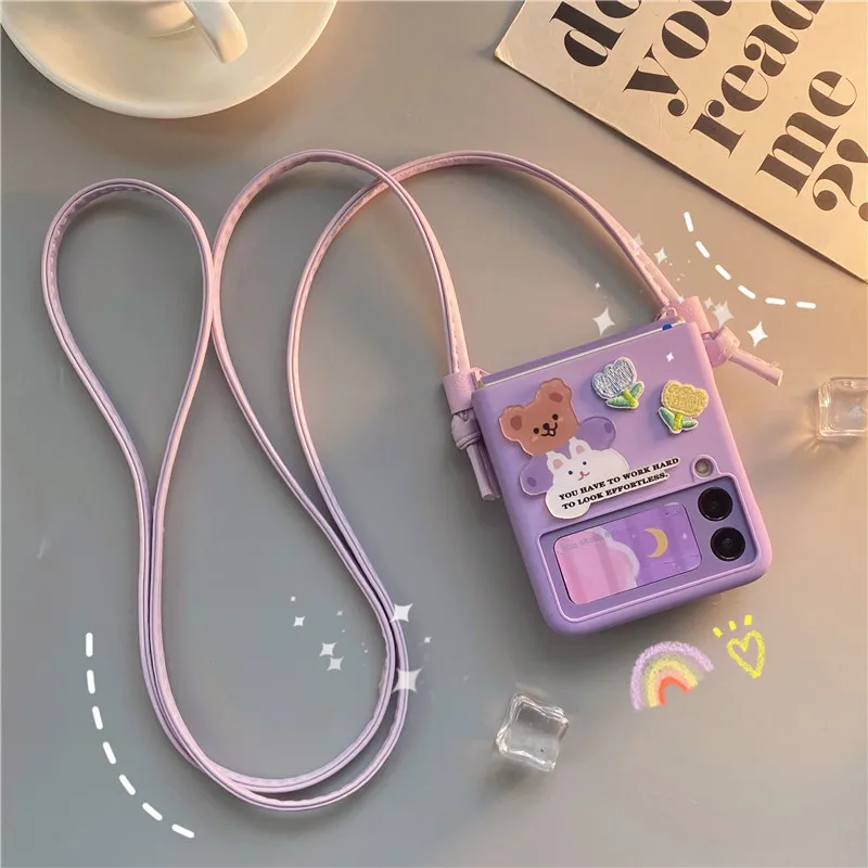 

Crossby Case for Samsung ZFlip3 Cover Purple Letter Bear Flower Women F7110 Christmas Gift Conque for Z Flip 3 Cases 5G