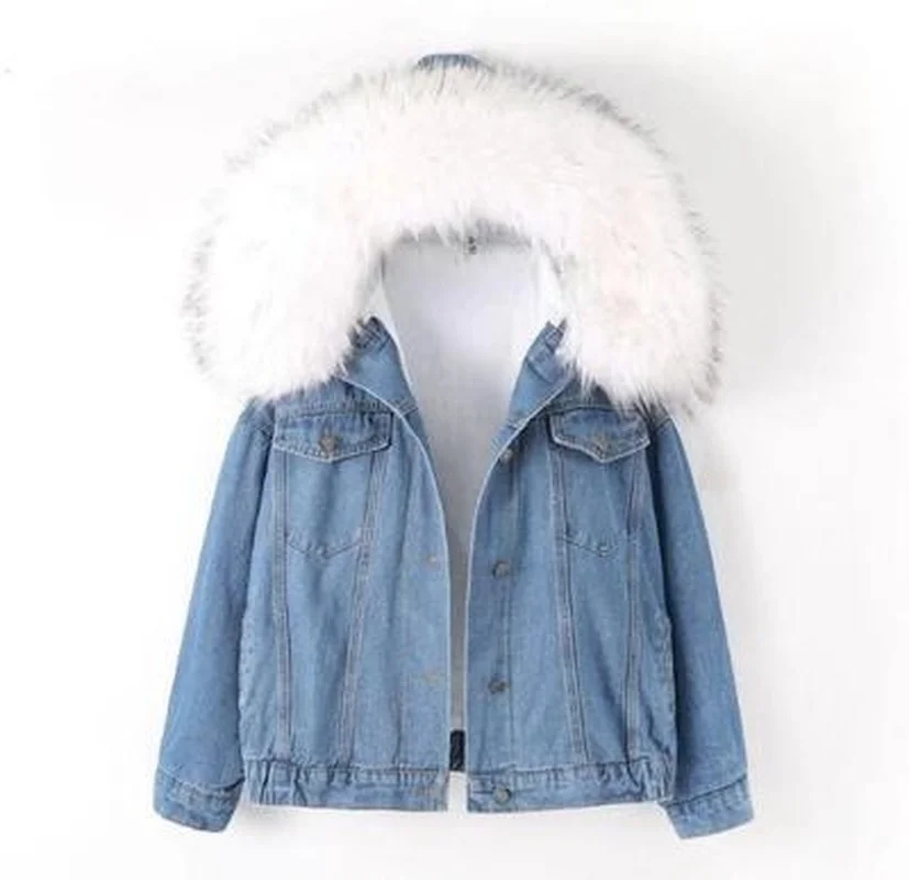 2021 Big Faux Fur Collar Denim Jacket Women Winter Hooded Warm Jean Jacket Student Basic Oversized Parkas Female Bomber Coat
