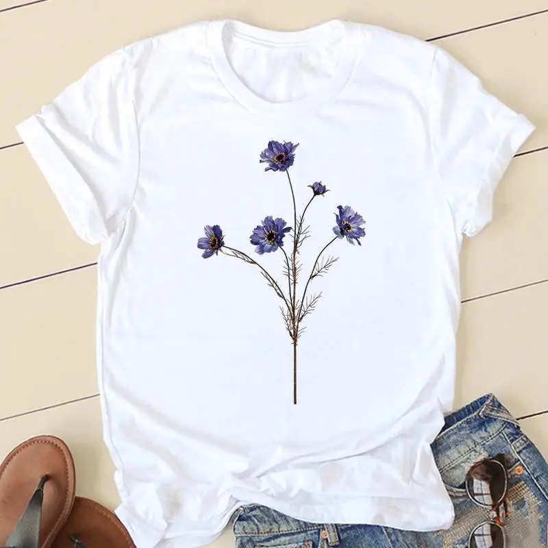 

Watercolor Flower Casual Tshirt Summer Top Female Fashion Clothes T Women Spring Short Sleeve O-neck Tee Shirt Graphic T-shirts
