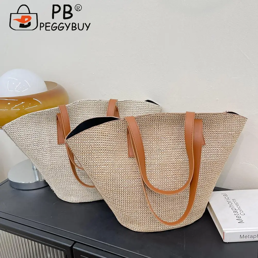 

Portable Summer Beach Holiday Travel Handmade Straw Shoulder Tote Bag Casual Large Capacity Braided Basket Women's Handbags