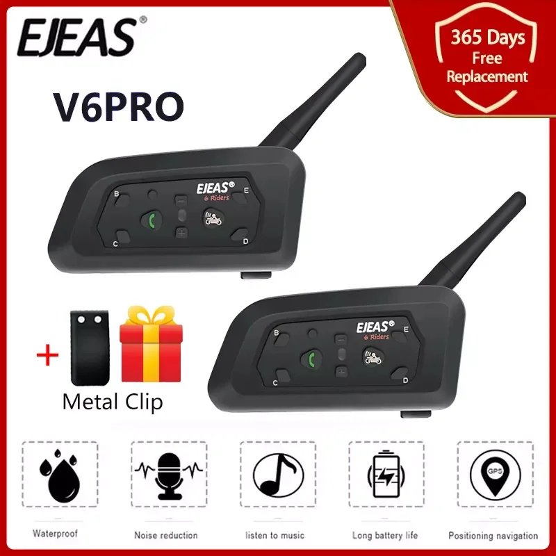 

EJEAS V6 Pro 850mAh Bluetooth Motorcycle Communicator Helmet Intercom Headset With Mic 1200m Interphone For 6 Riders +Metal Clip