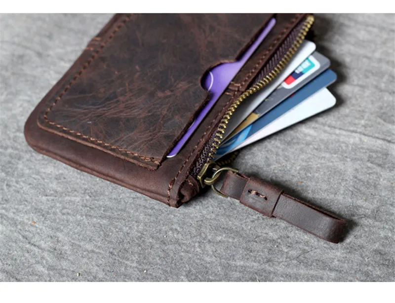 Vintage natural organizer genuine leather small coin purse simple luxury crazy horse cowhide men's women's card holder wallet