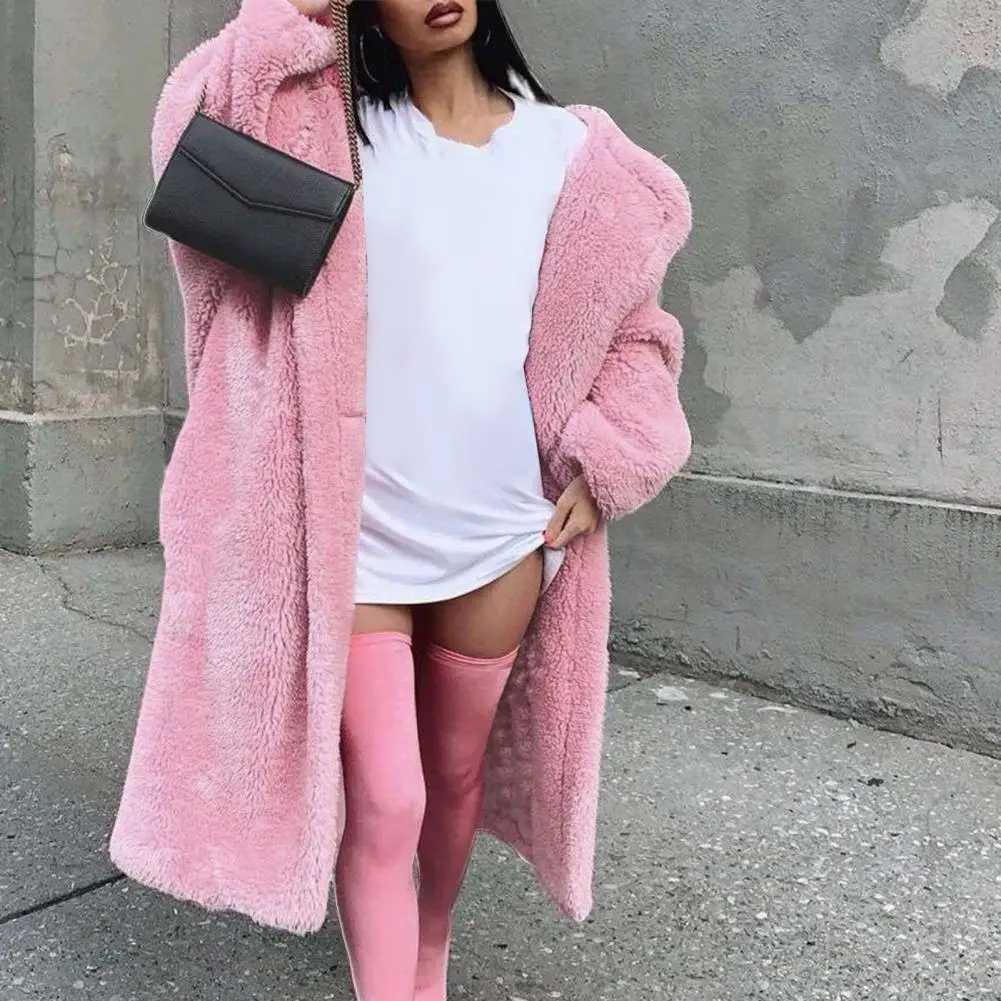 

Stylish Fluffy Coat All-Match Winter Coat Solid Color Open Front Long Sleeve Cardigan Jacket Pockets