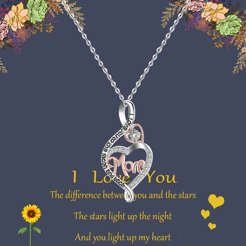 

New Trendy Rhinestone Heart Pendant Necklaces for Women Letter Mom Holiday Gift Love Heart Pendant Necklace Mother's Day Jewelry