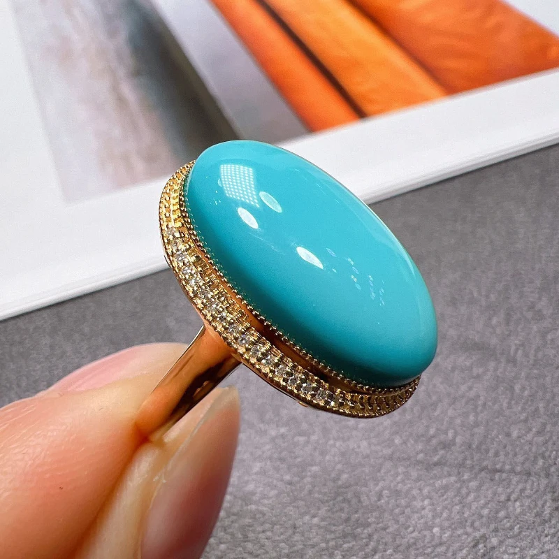 

Original design Large oval turquoise rings for women Classic ethnic style Simple blue engagement banquet jewelry adjustable