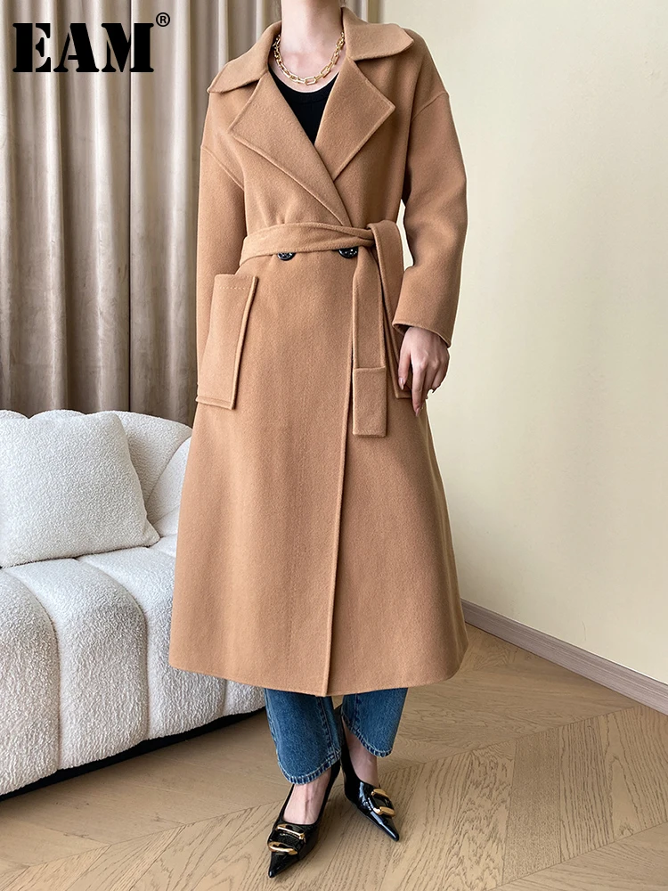 

[EAM] Loose Fit Camel Belted Big Size Long Woolen Coat New Lapel Long Sleeve Women Jacket Fashion Autumn Winter 2023 1DH1288
