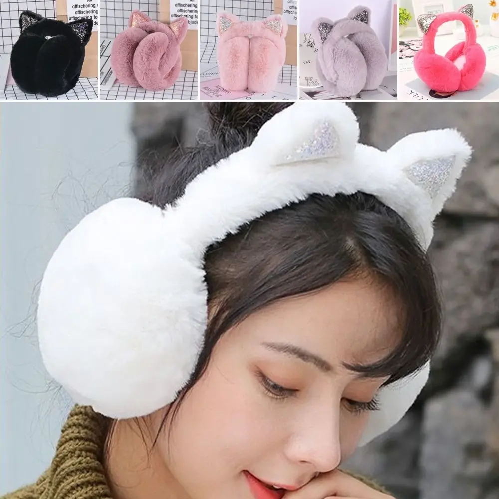 

Warmer Cat Ear Muffs Frostproof Glitter Sequin Cartoon Soft Plush Earmuffs Ear Protectors Warm Headband Earflaps