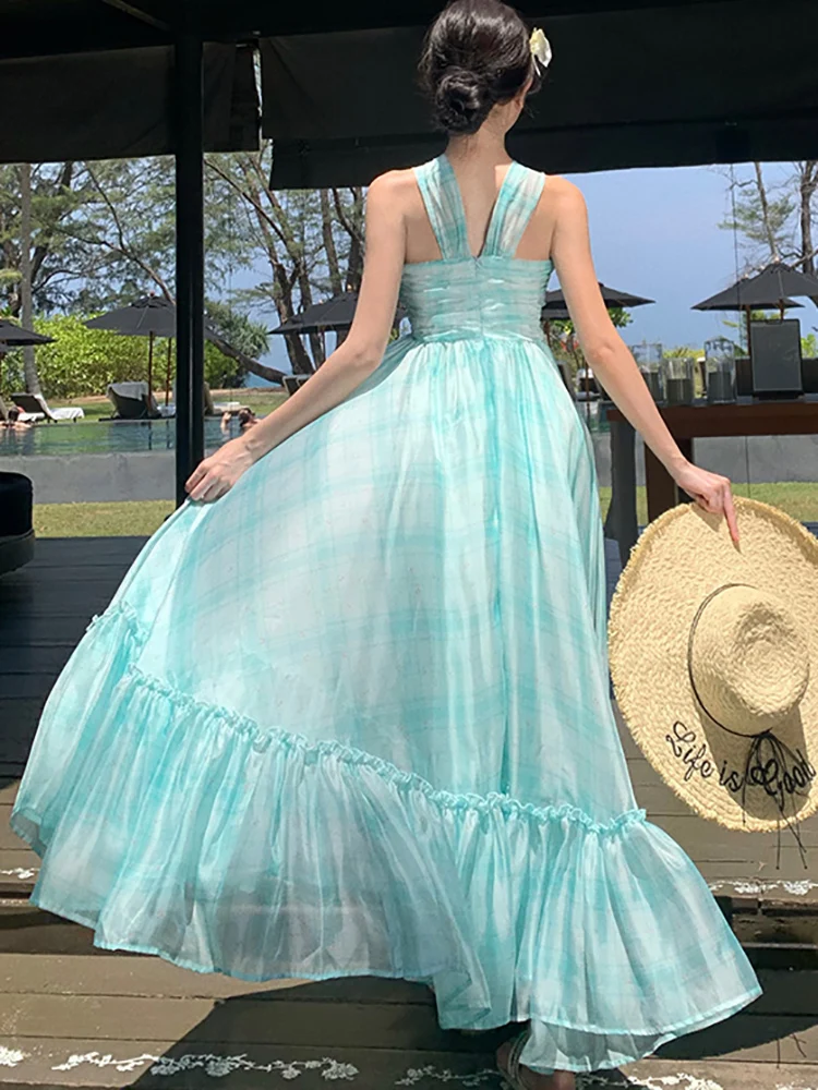 Новинка 2024 шикарное пикантное длинное платье в клетку на бретельках женское