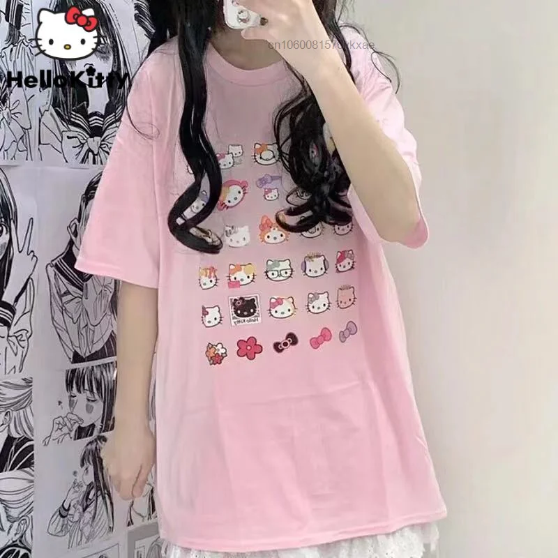 

Sanrio Hello Kitty Print Cotton Short Sleeve T-shirt Women's Summer New Retro Korean Style Student Loose Casual Tops Y2k Girls