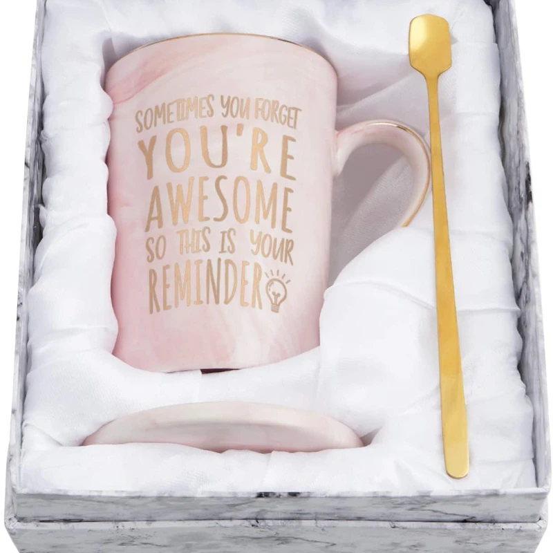 

Coffee Mug with Gift Box Spoon Coaster, 14 fl oz Pink Ceramic Cup